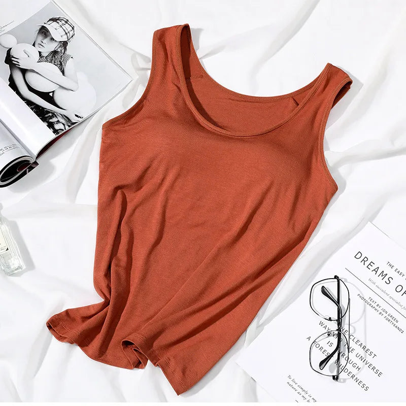 Caramel Slim Fit Tank Top with Built-In Bra – Stylish & Comfortable